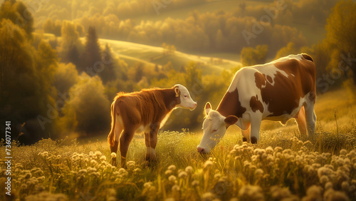 Sunlit Serenity: Simmental Calf and Cow Grazing in Verdant Pastures photo