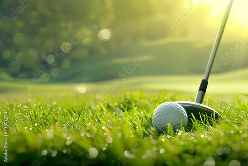A golf club and ball resting on green grass with a background illuminated by sunlight.