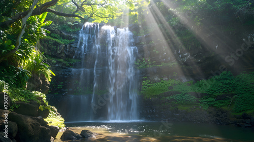 Enchanting Sunburst by Waterfall: Radiant Nature Scene with Glorious Sunlight Filtered Through Trees 