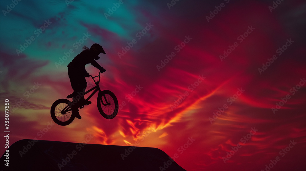 Naklejka premium 夕焼けとBMXに乗っている人のシルエット