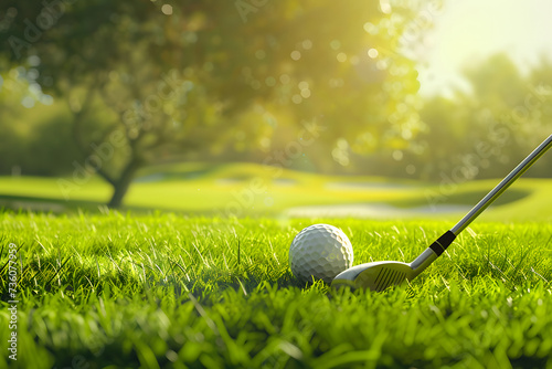 A golf club and ball resting on green grass with a background illuminated by sunlight.