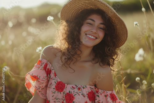 Curly haired girl wearing loose pink patterned maxi dress with red roses posing barefoot outdoors, oversized woven visor hat covering laughing face