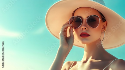 Gorgeous young lady posing over the sky in sunglasses and a beautiful hat.