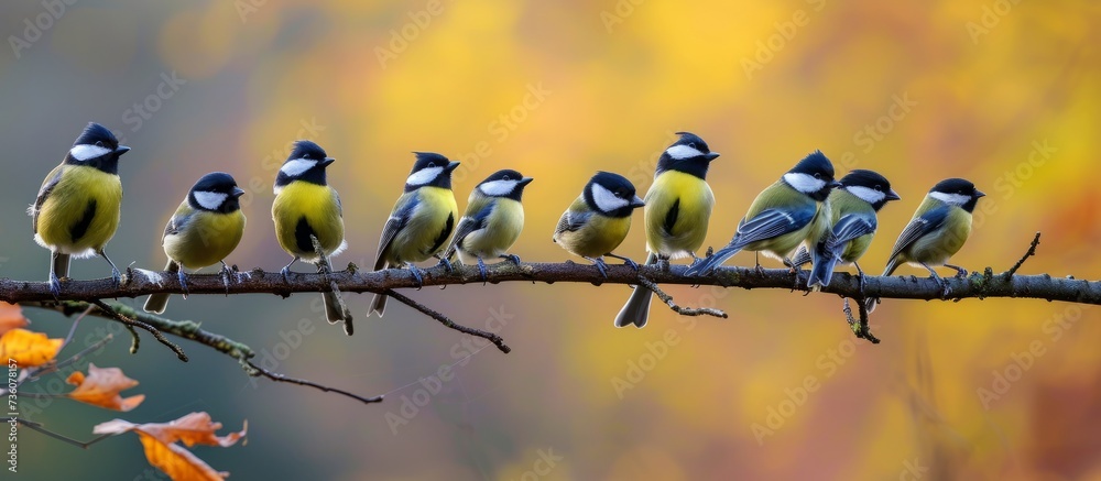 Fototapeta premium A diverse group of colorful birds perched gracefully on a lush tree branch in the forest