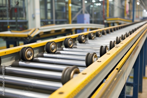 conveyor belt with roller bearings in a manufacturing plant