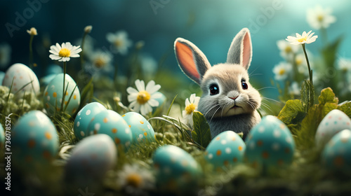 Cuddly funny bunny with easter eggs on a green meadow with sunlight, Generative AI
