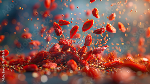 A dynamic close-up shot capturing vibrant goji berries and seeds mid-air, with a blurred background emphasizing movement and vitality.
 photo