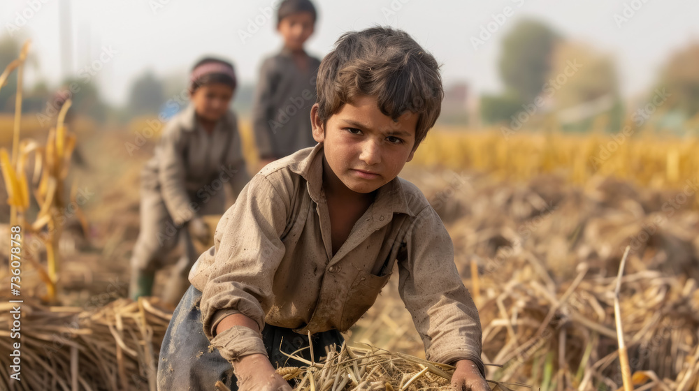 children are harvesting in the field. The concept of the injustice of child labor, a social problem in developing countries