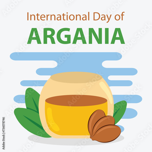 illustration vector graphic of argania oil in a jar, showing green leaves and argan seeds, perfect for international day, international day of argania, celebrate, greeting card, etc.