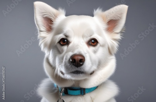 Cute dog in blue collar looking at camera,love for pets, animal life, solid color background © schukoba