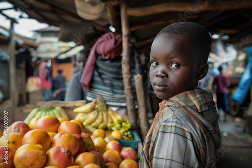 An African Gerl on the background of a market stall with fruits. The topic of child labour in developing countries photo