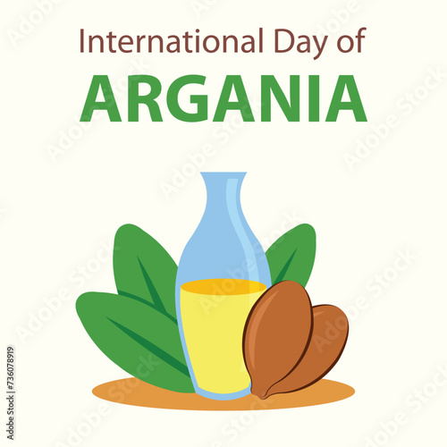 illustration vector graphic of bottle containing liquid argania oil, showing argania seeds and green leaves, perfect for international day, international day of argania, celebrate, greeting card, etc.