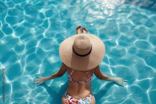 Woman relaxing poolside on vacation day wearing floral print bathing suit, large sun hat and sunglasses, feet in water along the edge. --ar 3:2 --v 6 Job ID: f76ca658-2f2a-4d8a-af69-e224849970f8