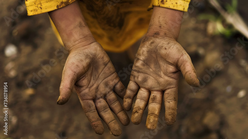 The child's hands, covered with dirt from work, symbolize hard work that does not correspond to age, causing reflections on child labor photo