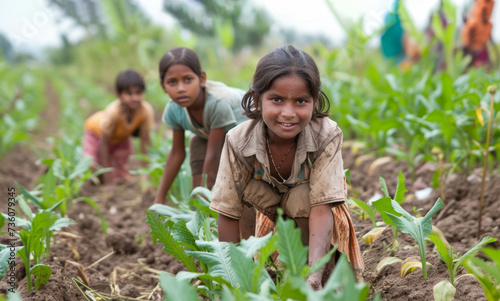 An Indian girl with a smile works in the field with other children, her look and smile testify to the indomitable spirit of childhood despite hard work