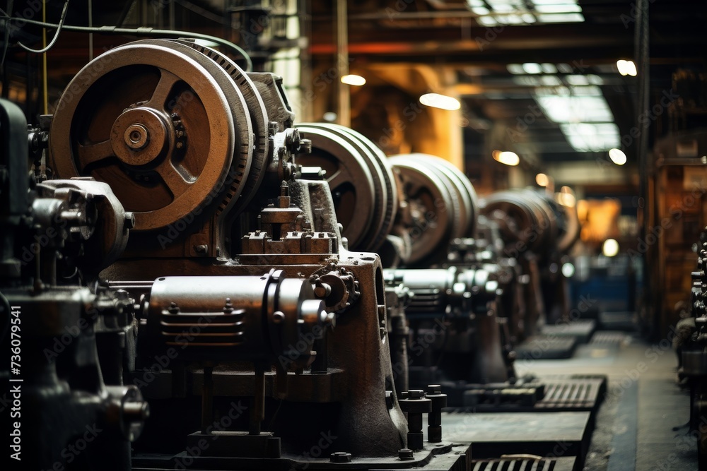 A Detailed View of a Rolling Mill Stand in an Industrial Setting, Highlighting the Intricate Machinery and Rustic Background A Detailed View of a Rolling Mill Stand in an Industrial Setting, Highlighting the Intricate Machinery and Rustic Background