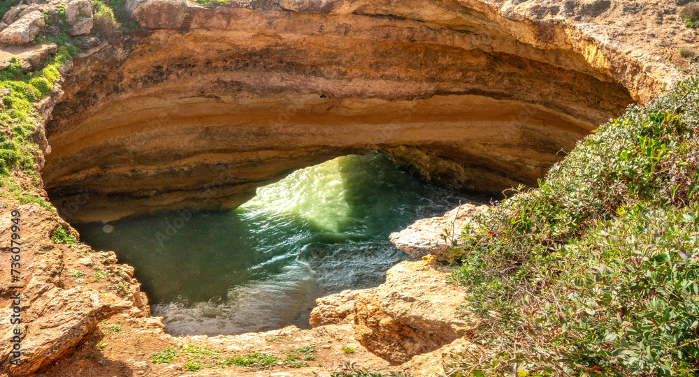 View of the famous Benagil Cave from avove, Algar de Benagil, Lagoa, Algarve, Portugal