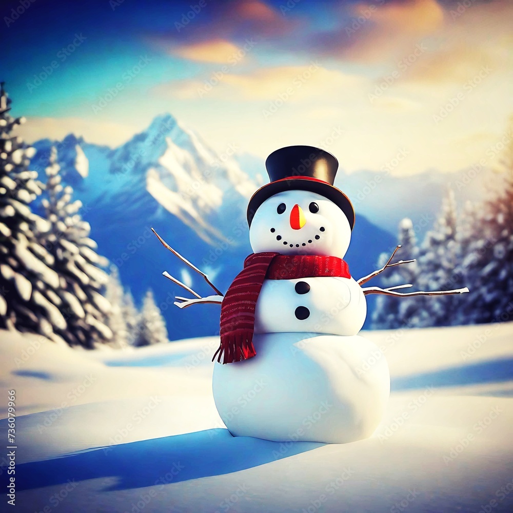 Obraz premium Snowman Winter Landscape Snow frost. Snowman in a winter landscape, adorned with a black hat and red scarf