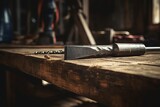 A well-used chisel resting on a rustic wooden table, with an industrial backdrop of steel beams and weathered machinery under soft, diffused light