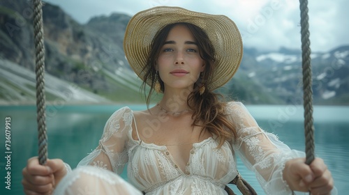 A brunette seated on a swing near a calm lake and a small town in riano in Leon, Spain, facing a gray sky and mountain range. photo