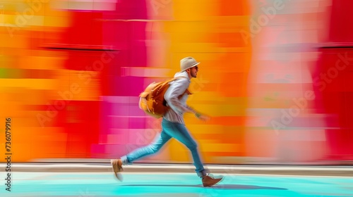 Traveler sprinting across vibrant backdrop