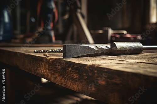 A well-used chisel resting on a rustic wooden table, with an industrial backdrop of steel beams and weathered machinery under soft, diffused light photo
