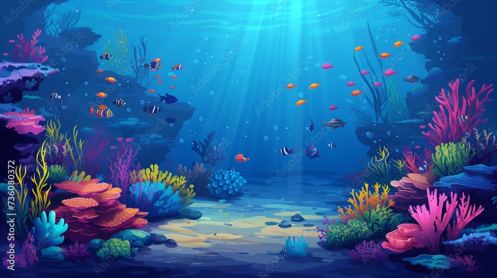 underwater backdrop of a coral reef with vibrant fish and other marine life in a deep blue ocean
