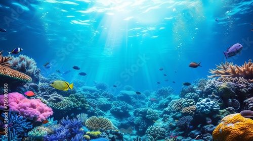 underwater backdrop of a coral reef with vibrant fish and other marine life in a deep blue ocean © Suleyman