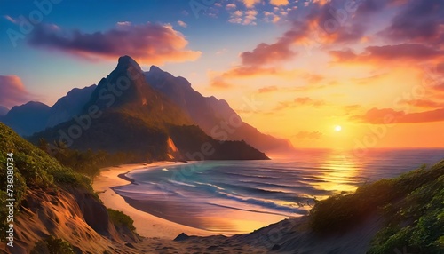 Beach and hill with beautiful sunset landscape 