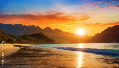 Beach and hill with beautiful sunset landscape 