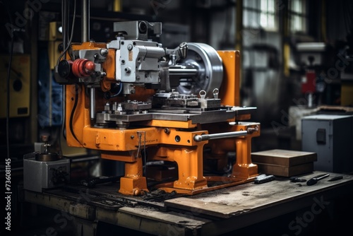 A Detailed View of a Modern Straightening Machine in an Industrial Setting  Surrounded by Metallic Parts and Tools with a Concrete Background