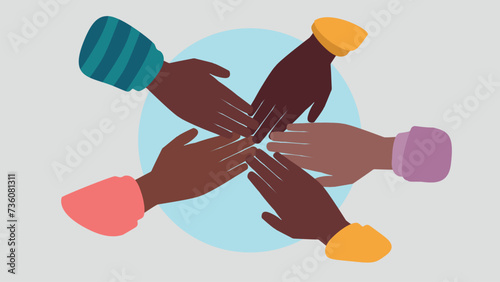 Vektor-Illustration von Menschen, die die Hände  zusammenhalten, um den Teamgeist zu beschwören - Stock 