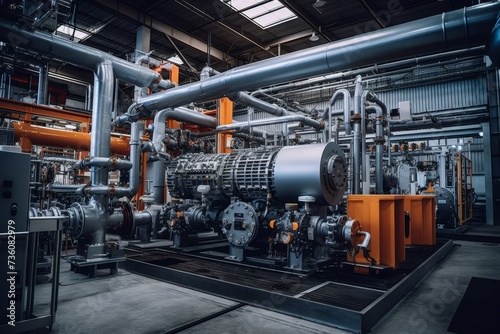 A detailed view of an engine test stand in a large industrial facility, surrounded by complex machinery and a labyrinth of pipes