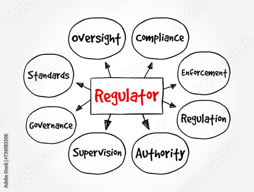 Regulator - device that controls or limits something or person that sets standards of practice, mind map text concept background