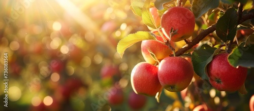 Ripe red apples hanging from lush green tree branches in an orchard garden scene