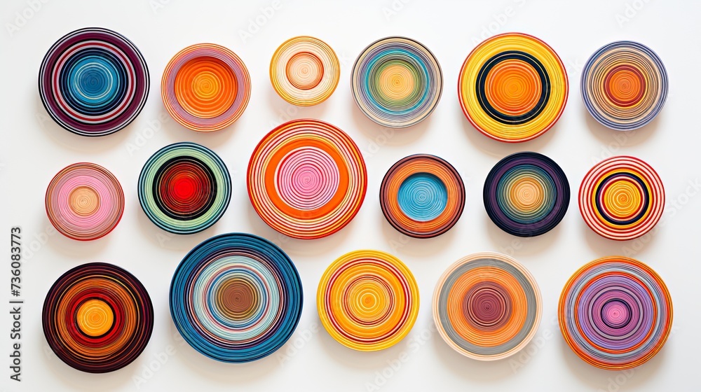A mesmerizing array of circular stripes, each one unique in its vibrant colors and intricate patterns, set against a pristine white background A mesmerizing array of circular stripes, each one unique in its vibrant colors and intricate patterns, set against a pristine white background