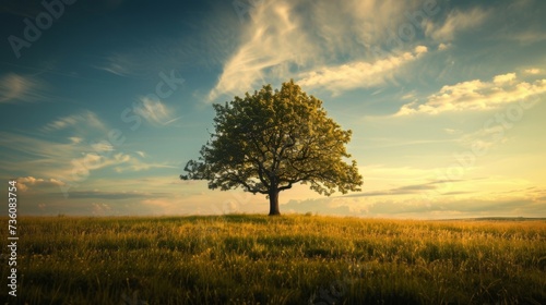 Lone Tree in a Serene Field at Sunset, Symbolizing Solitude and the Peaceful Beauty of Nature,earth day
