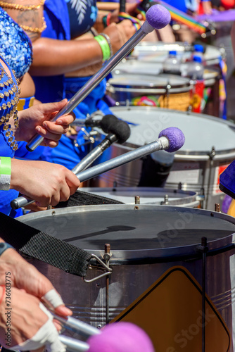 Drums played by women during a street carnival performance in the city of Belo Horizonte, Minas Gerais