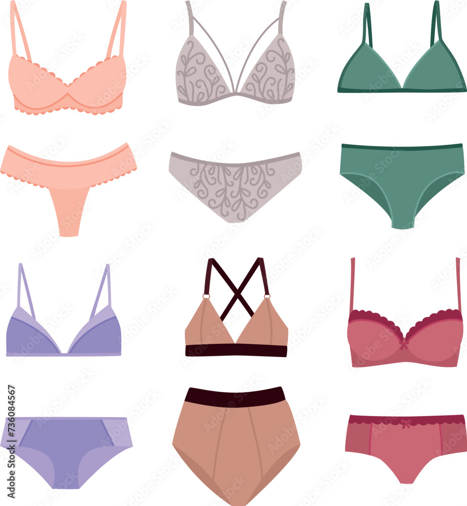 Illustration with sets of women's underwear. Vector collection of lingerie, bra and panties in flat style Illustration with sets of women's underwear. Vector collection of lingerie, bra and panties in flat style