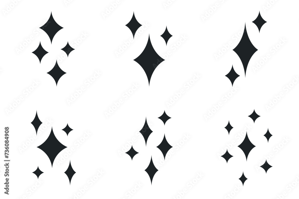 A set of Sparkle icons. Black Shine star signs on an isolated background. A collection of vector symbols. A set of Sparkle icons. Black Shine star signs on an isolated background. A collection of vector symbols.