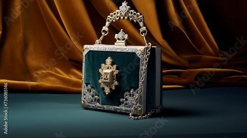 A luxurious velvet shoulder bag for women, opulent craftsmanship, and an ornate jeweled clasp, mockup, positioned against a matte clay backdrop