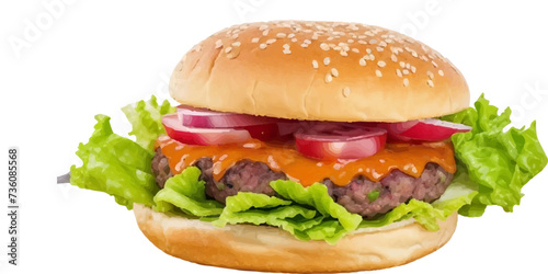 Transparent Closeup of juicy Pulled beef burger with tasty cutlet slices of tomatoes lettuce hamburger with bread, tomato and cucumbers between soft roasted buns in restaurant isolated on a background