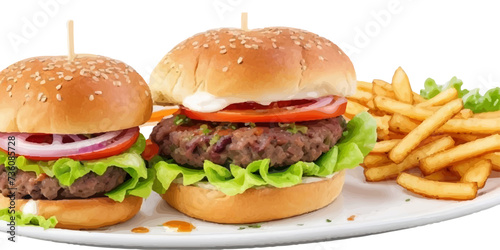 Transparent Closeup of juicy Pulled beef burger with tasty cutlet slices of tomatoes lettuce hamburger with bread, tomato and cucumbers between soft roasted buns in restaurant isolated on a background