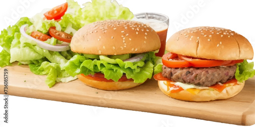 Transparent Closeup of juicy Pulled beef burger with tasty cutlet slices of tomatoes lettuce hamburger with bread, tomato and cucumbers between soft roasted buns in restaurant isolated on a background