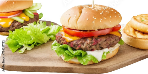 Transparent Closeup of juicy Pulled beef burger with tasty cutlet slices of tomatoes lettuce hamburger with bread, tomato and cucumbers between soft roasted buns in restaurant isolated on a background