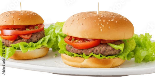 Transparent Closeup of juicy Pulled beef burger with tasty cutlet slices of tomatoes lettuce hamburger with bread, tomato and cucumbers between soft roasted buns in restaurant isolated on a background