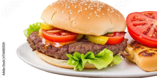 Transparent Closeup of juicy Pulled beef burger with tasty cutlet slices of tomatoes lettuce hamburger with bread, tomato and cucumbers between soft roasted buns in restaurant isolated on a background