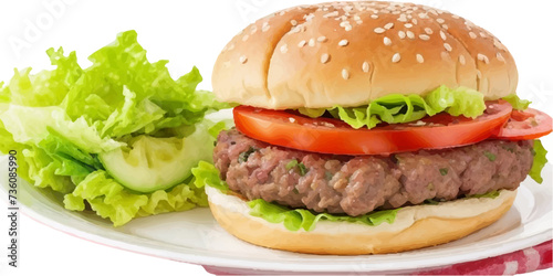 Transparent Closeup of juicy Pulled beef burger with tasty cutlet slices of tomatoes lettuce hamburger with bread, tomato and cucumbers between soft roasted buns in restaurant isolated on a background