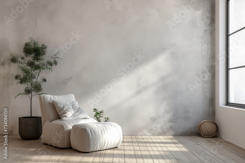 A cozy minimalist lounge chair with a white cushion and a potted plant in a bright room. 