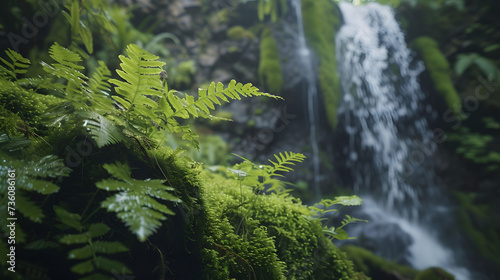 Enchanting Flora Macro: Close-Up Shot Revealing Intricate Details of Moss and Ferns Near Waterfall 